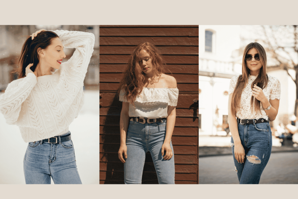 looks do estilo romantico moderno- blusa branca, jeans e cinto preto.