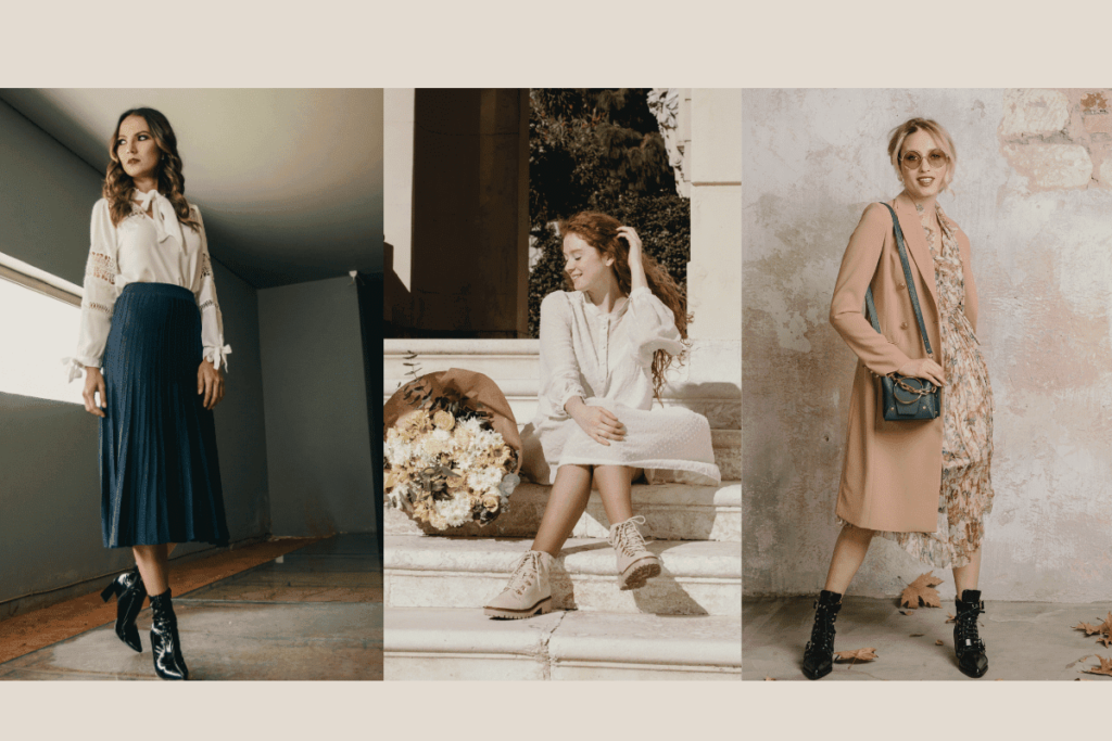 3 looks com botas- 
saia midi plissada com bota de couro 
vestido romantico com coturno neutro e vestido floral com trench coat e coturno.