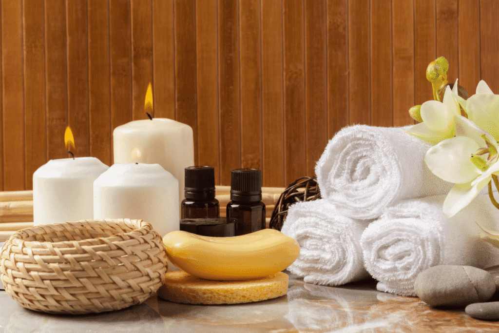 Spa day economico com toalhas velas e aromatizador