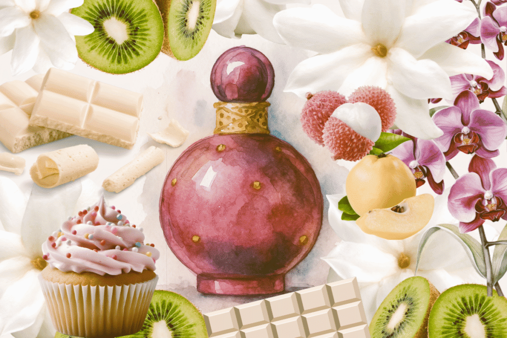 frasco do perfume fantasy com seus ingredientes ao fundo- flor de jasmim, chocolate branco, lichia, kiwi, marmelo, orquídea, cupcake