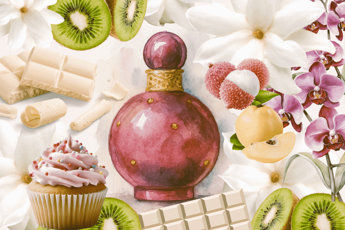 frasco do perfume fantasy com seus ingredientes ao fundo- flor de jasmim, chocolate branco, lichia, kiwi, marmelo, orquídea, cupcake